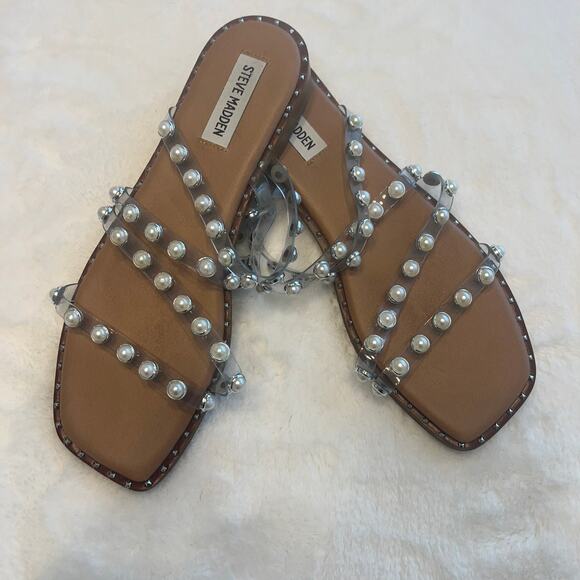 Steve Madden Women’s Skyler-P Pearl Studded Flat Sandals Size 9 Coastal Resort - Picture 3 of 3